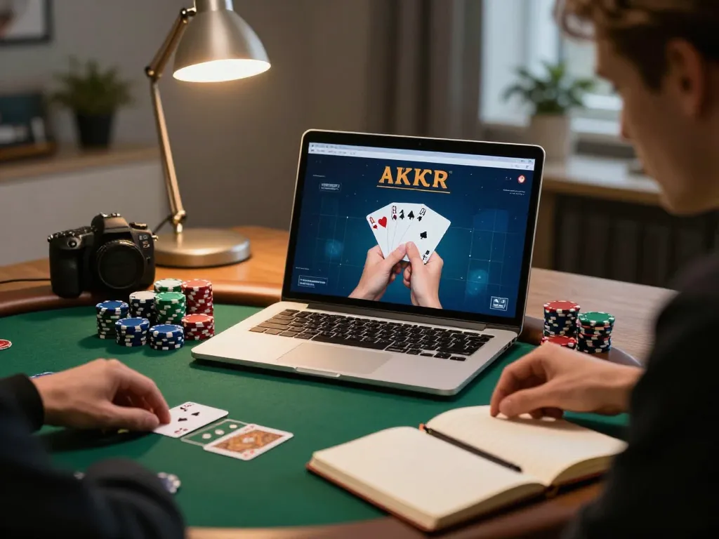 vin88 online poker session showcasing strategic gameplay with chips and notebook.