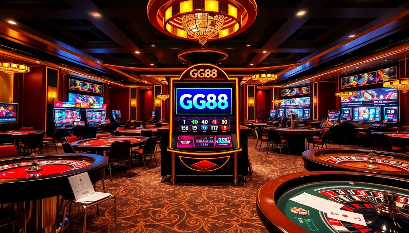 Experience high-stakes action at gg88 com with an engaging casino scene featuring poker tables and slot machines.