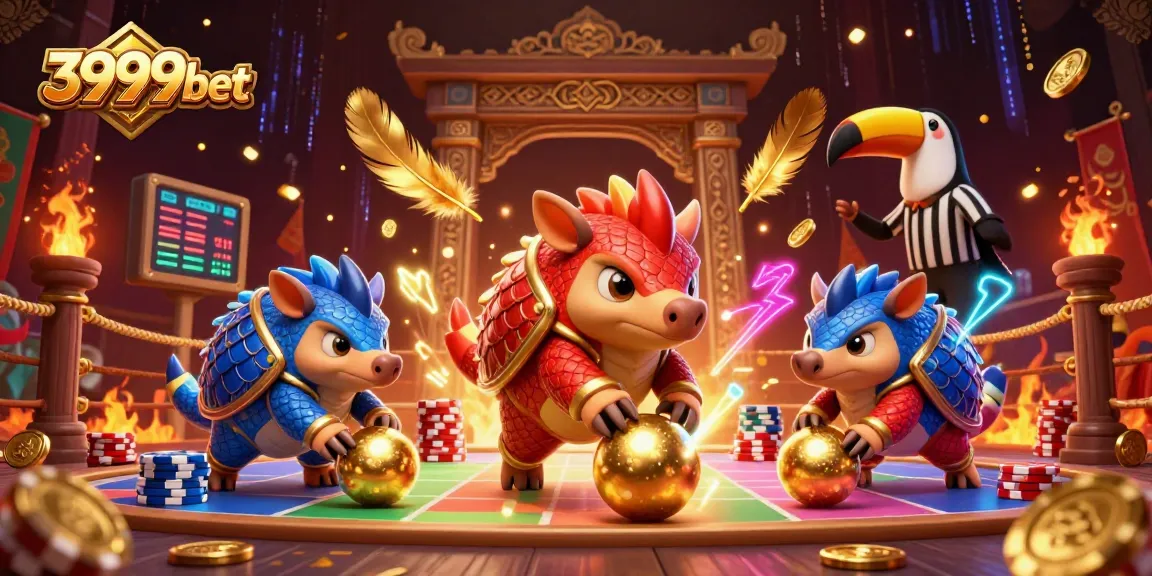Engage with 3999bet's animated scene featuring pangolins in competition among casino elements and gold tokens.
