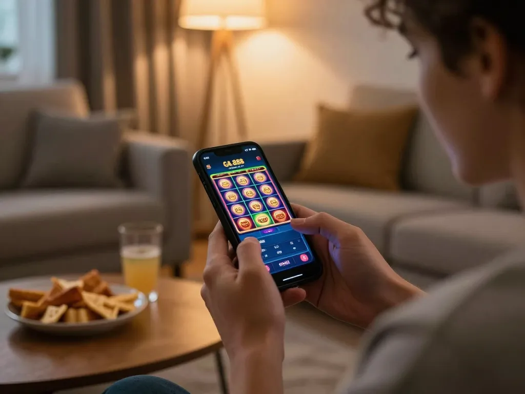 Experience the excitement of GA 888 as a player bets on the casino app in a cozy living room.