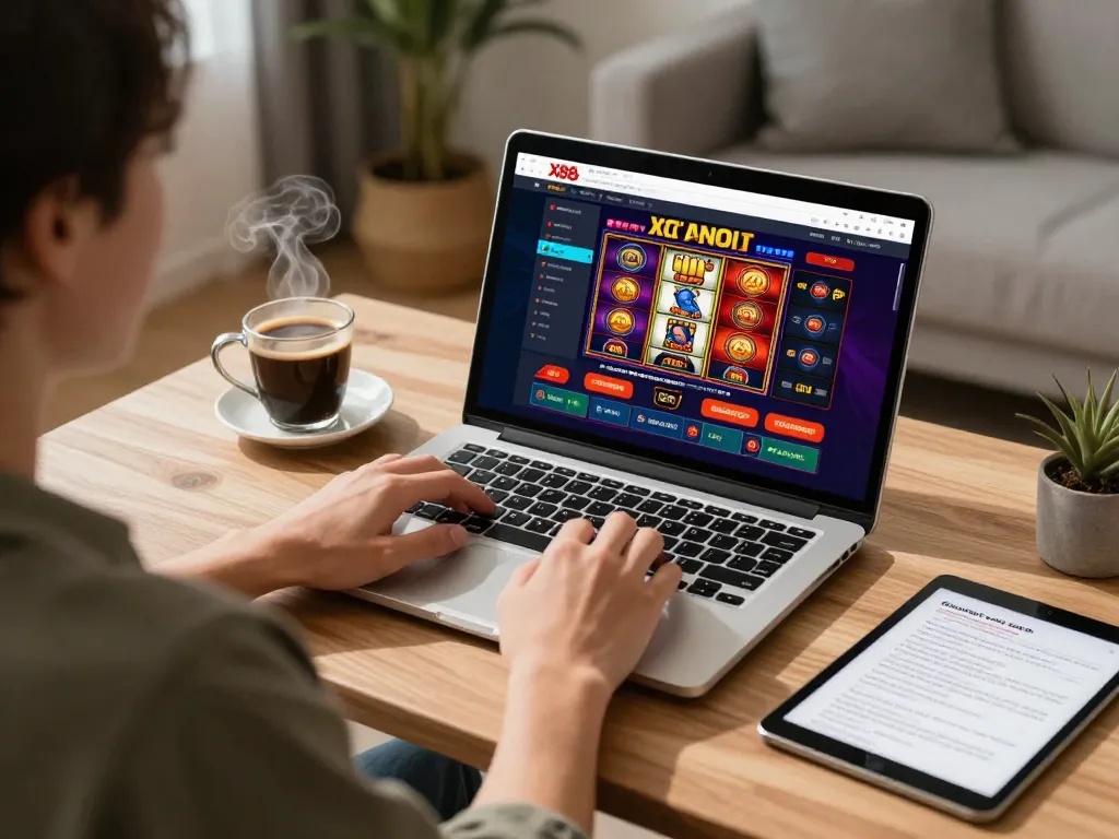 X88 trang chủ user engaging with online casino games in a cozy home office setting.