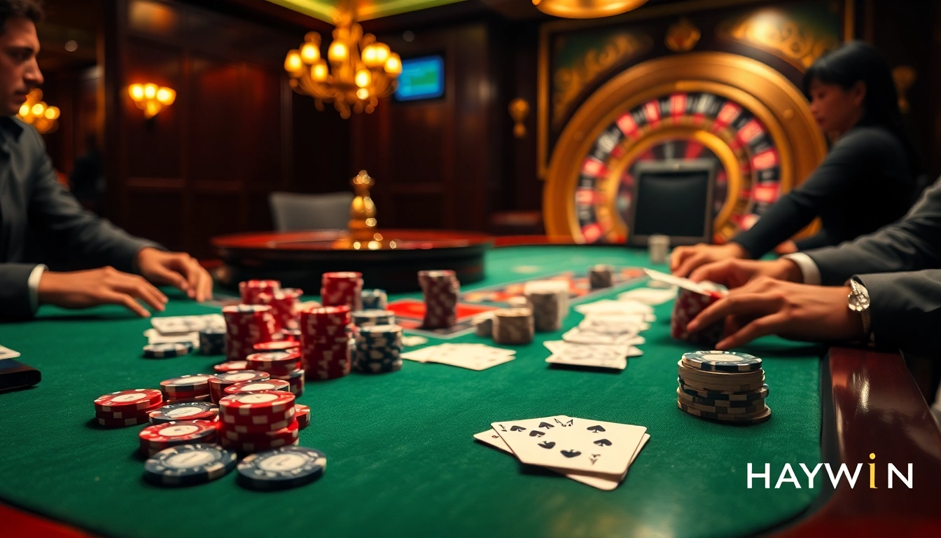 Haywin Casino: Players strategize over a high-stakes poker table, embodying the thrill of gambling.