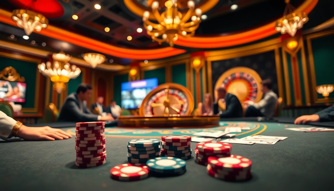 Exciting casino scene showcasing poker players at RR88, highlighting thrilling gameplay.