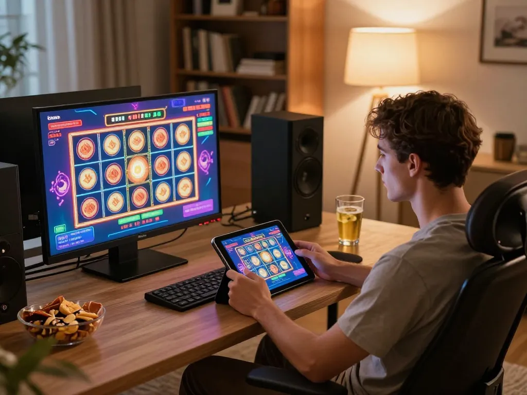 Engaging gameplay on 789clubgo with vibrant slot machines in cozy home setup