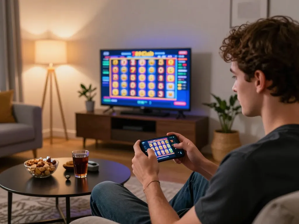 Engaged player using 789Club mobile app to spin reels in cozy home setting
