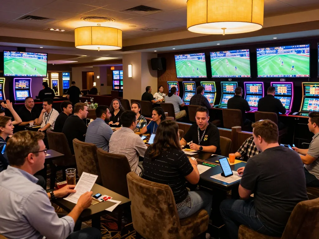 Fans engaging with tỷ lệ nhà cái while placing bets in a vibrant sports book atmosphere.