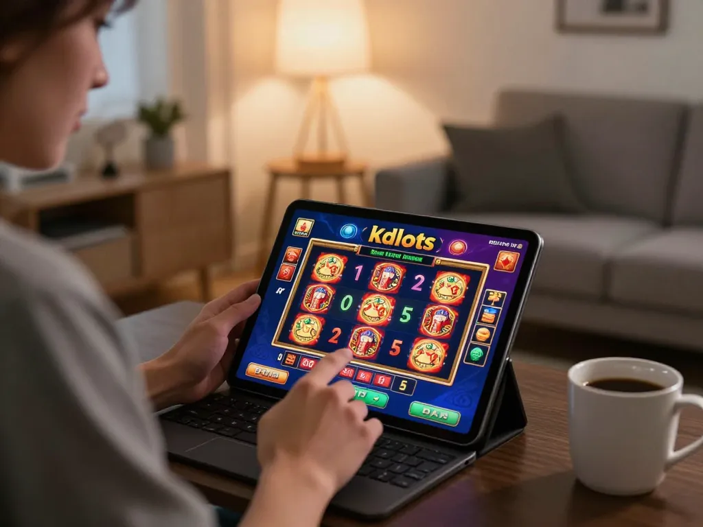 Experience kdslots gaming with a cozy at-home setup, showing a player engaged with vibrant slot games.