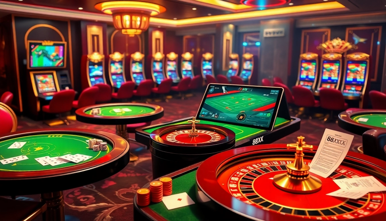 Experience thrilling gameplay with the 88XX app, featuring vibrant casino tables and interactive slot machines.
