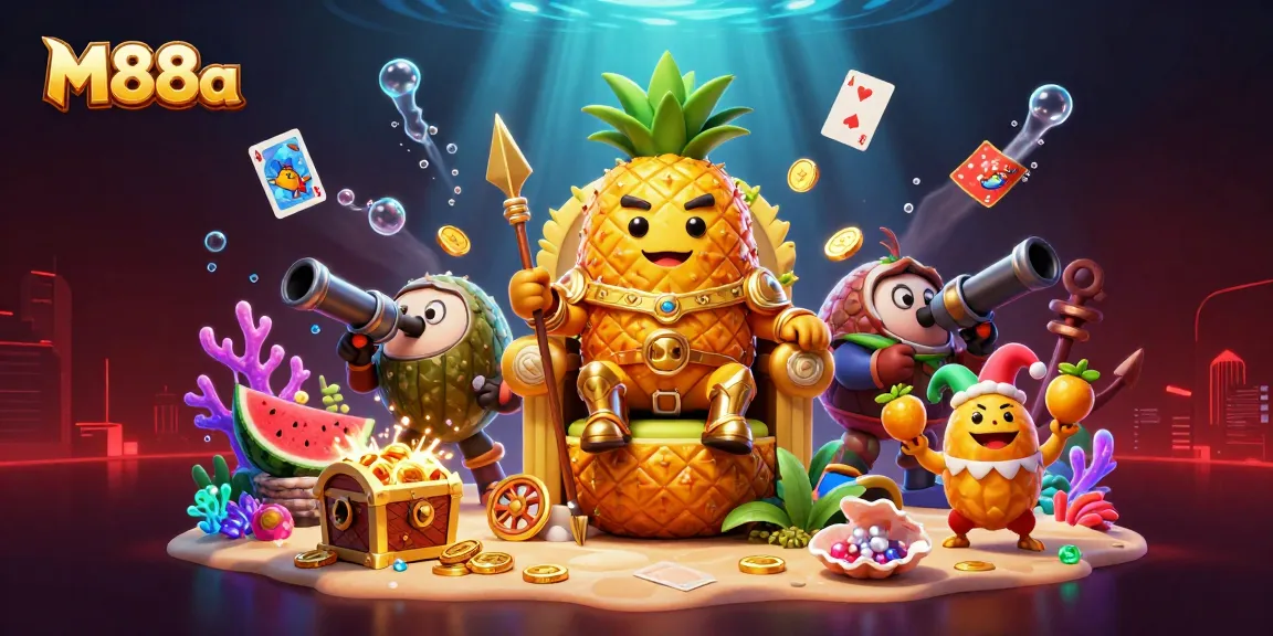 M88a casino artwork featuring a vibrant beach scene with fantasy characters and dynamic gaming elements.