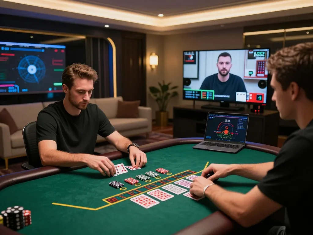 Intensely engaged player at uu88.com during a live dealer blackjack game, showcasing cards and warm gaming atmosphere.