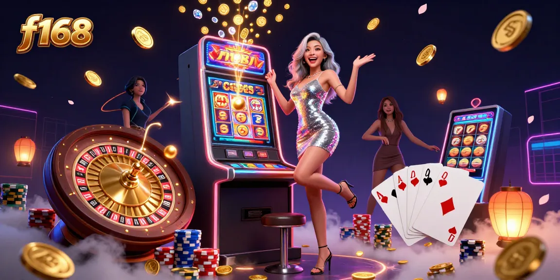 Spin the f168 jackpot with excitement, featuring a stunning casino scene full of vibrant colors and action