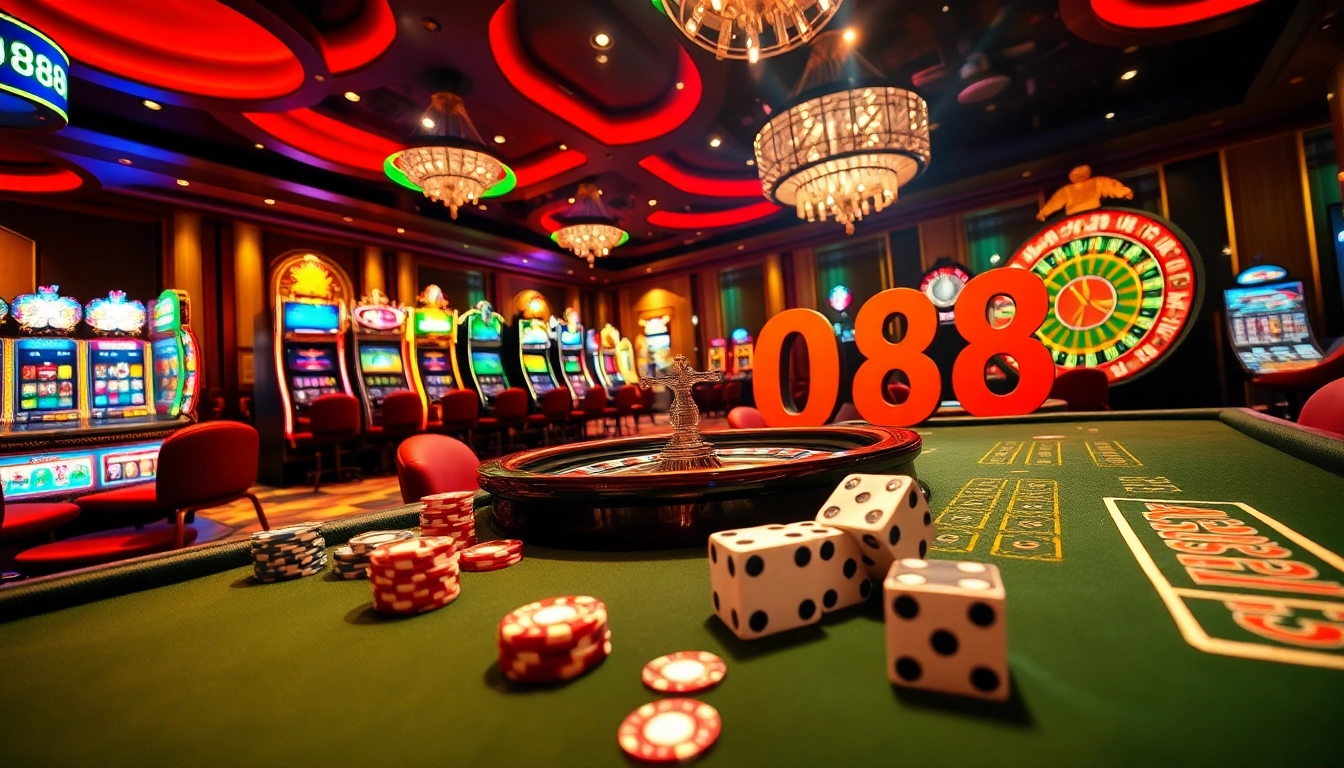 GO88 shows vibrant casino gaming with tables and slot machines in a luxurious setting.