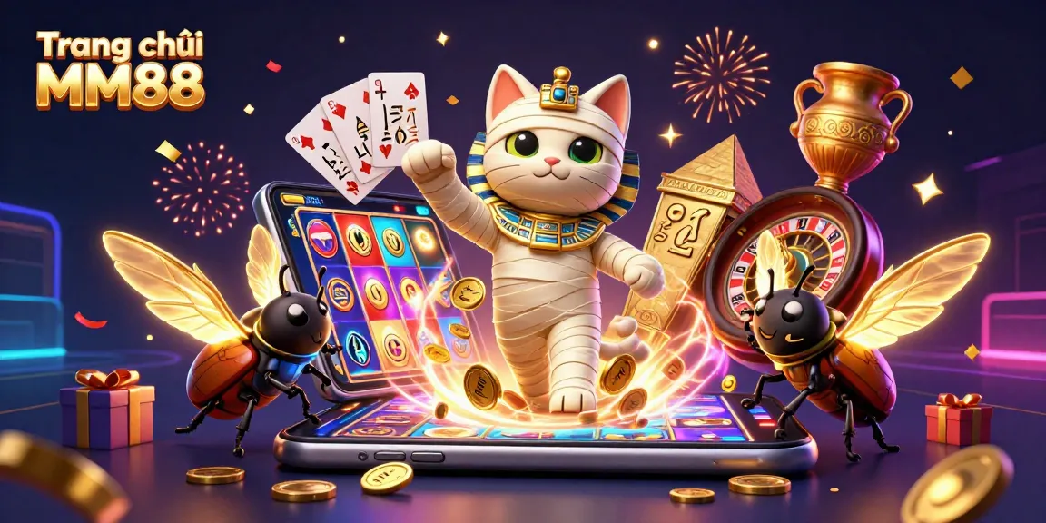 Experience the excitement of Trang chủ MM88 with a lively casino scene featuring an animated mummy cat and glowing scarab!