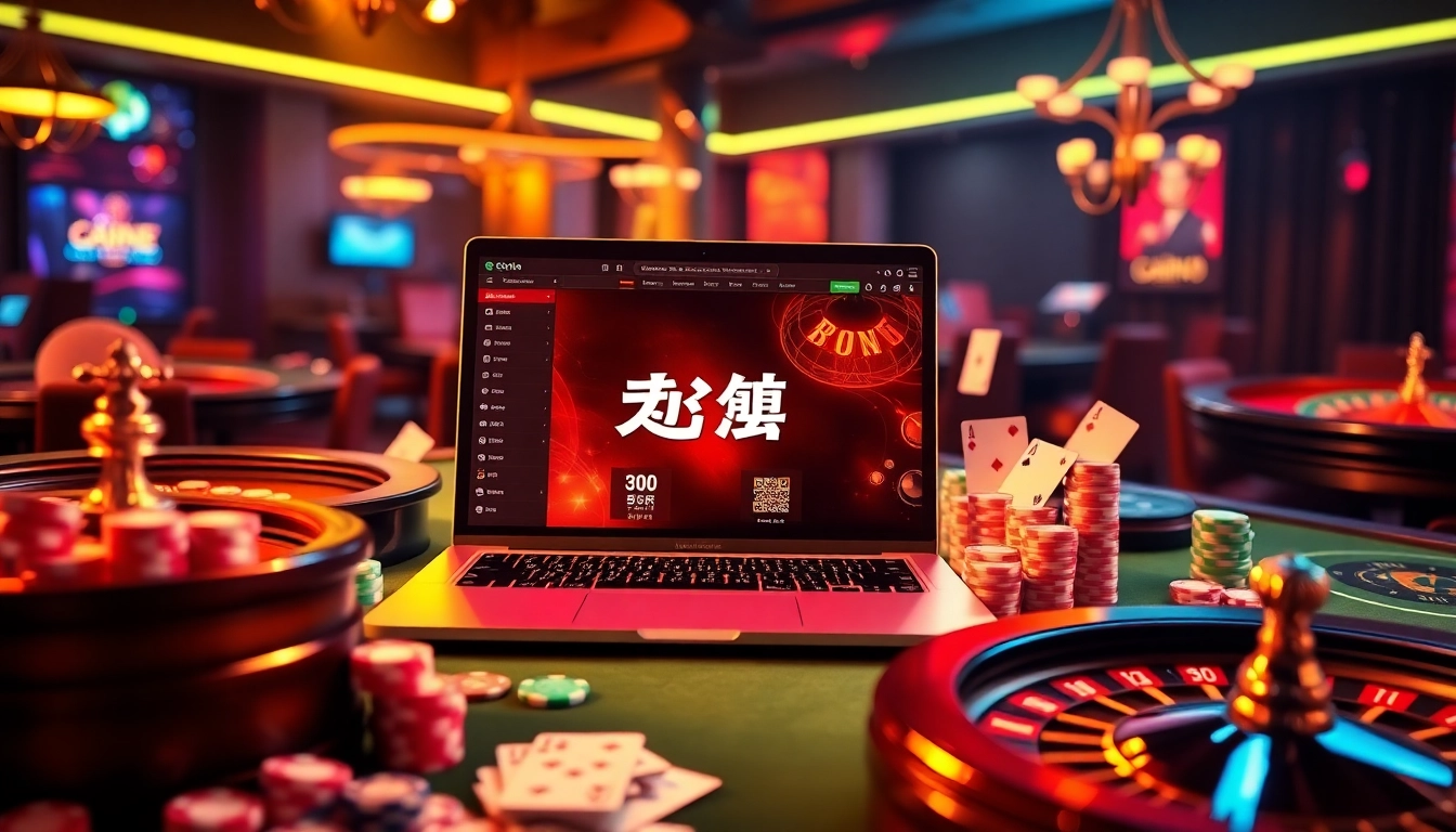 Login interface in a luxurious casino scene with poker chips and cards.
