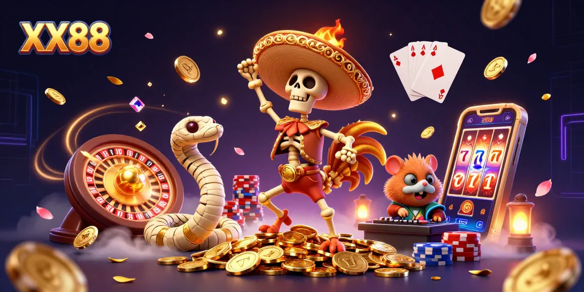 Experience thrilling wins at XX88 with a vibrant 3D casino illustration featuring a victorious mariachi rooster and lively game elements.