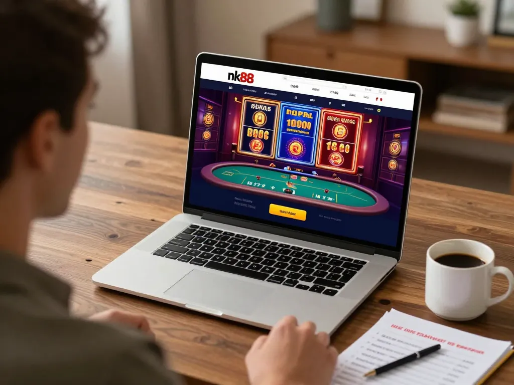 Engaging user exploring nk88 trang chủ on laptop, showcasing vibrant online casino environment