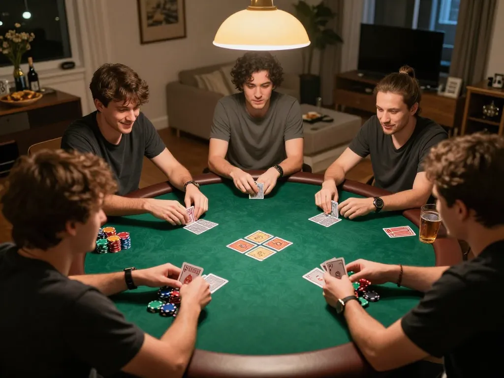 Engaged players enjoying 33win poker night at home, showcasing competitive atmosphere and social interaction.
