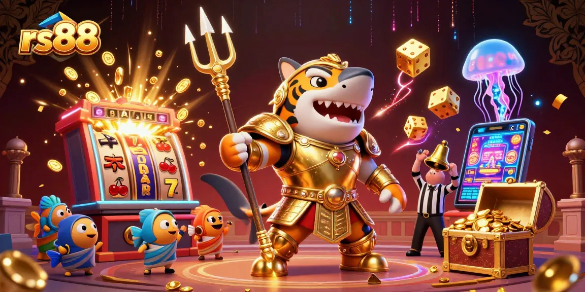 Experience thrilling wins with rs88, featuring a fierce tiger shark in a vibrant underwater casino.