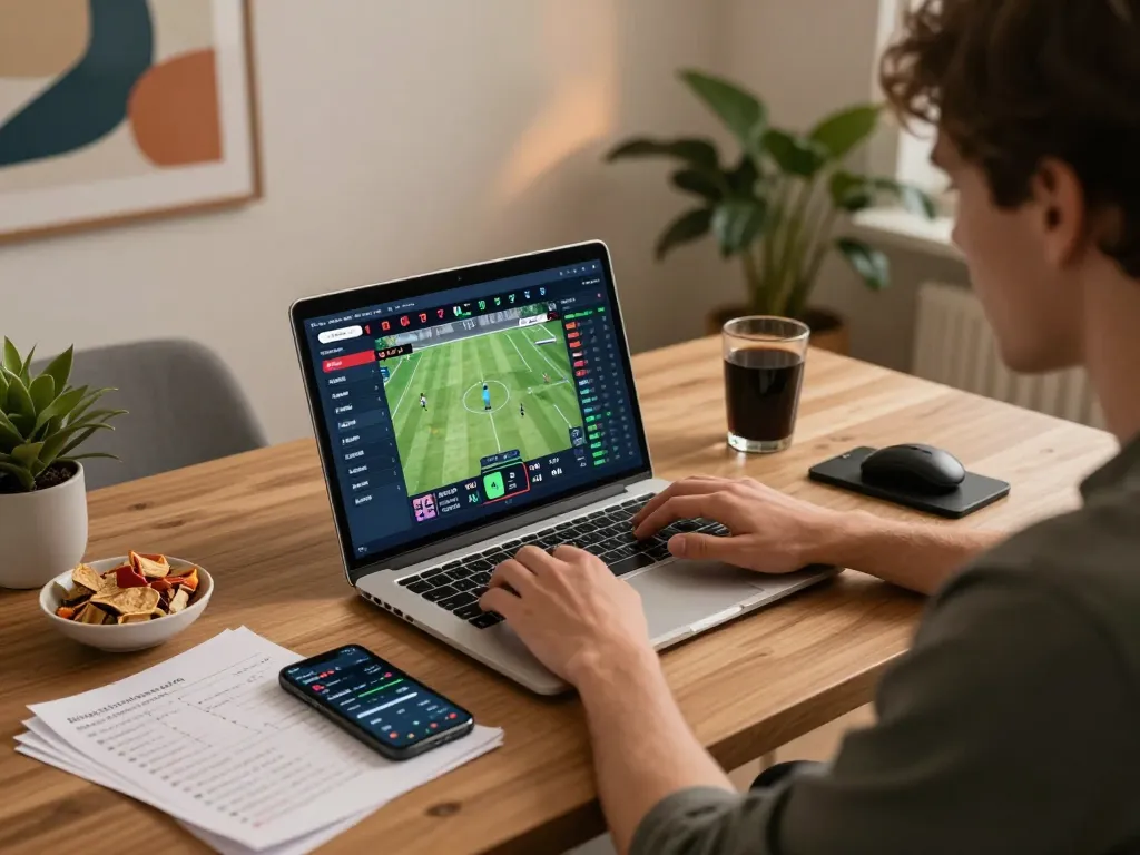 Player using laptop for sports betting on fabet88z with live odds displayed, focused strategy session.