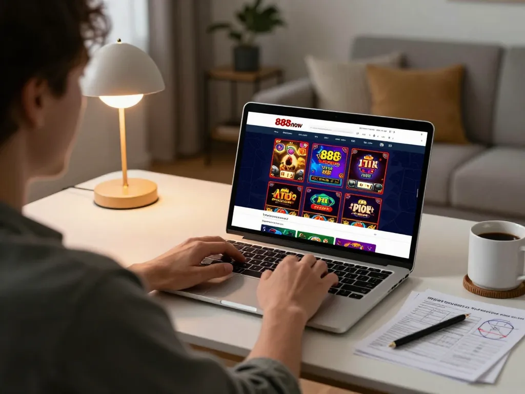 Engaging in online gaming with 888now đăng nhập on laptop while enjoying a cozy home atmosphere.