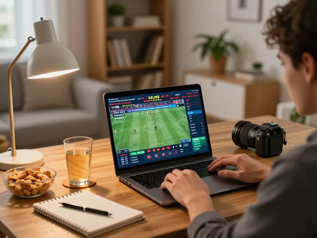 Person engaging in online sports betting on laptop, showcasing Kèo Nhà Cái action, with snacks and strategy notes in cozy environment.