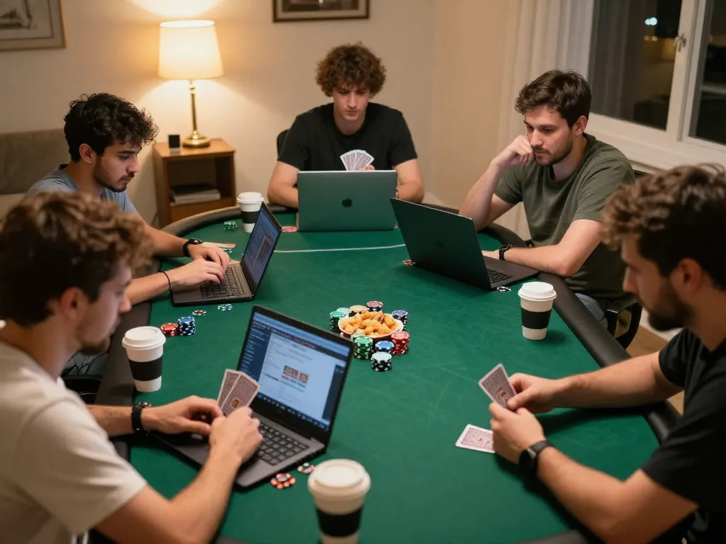 Online poker scene featuring players intensely engaged in strategic gameplay at home while using go88a.bid