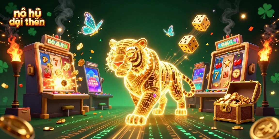 Play exciting nổ hũ đổi thưởng with a golden tiger and vibrant casino elements in 3D.