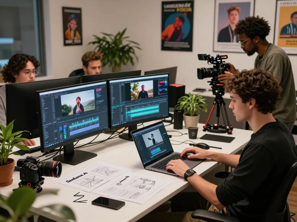 Creative team using Seedance AI for video production in a modern workspace.