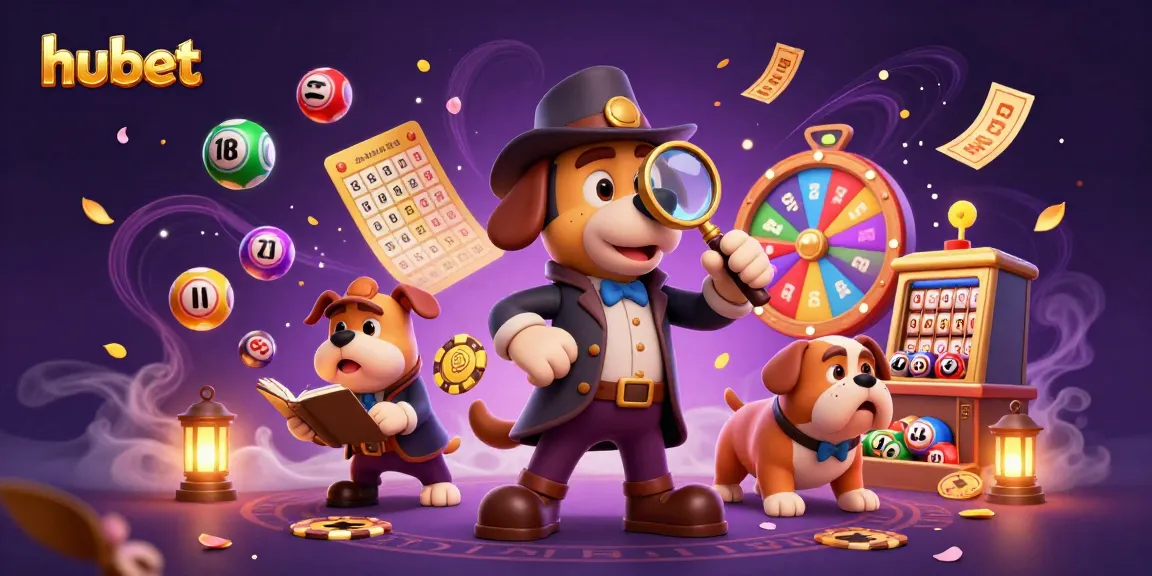Engage with hubet’s vibrant gaming scene featuring a detective examining a poker chip amongst dynamic lottery elements.