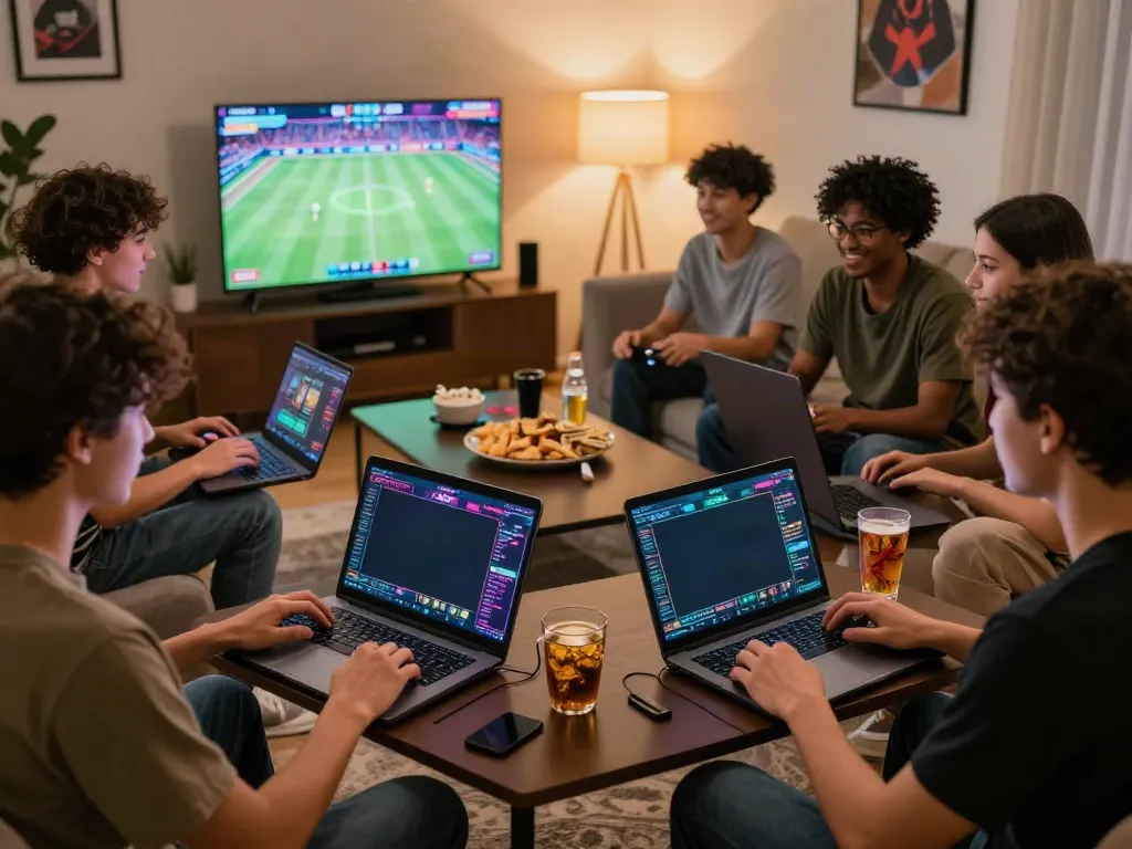 Diverse friends enjoying games on trang chủ da88 in a cozy living room, lively atmosphere, exciting gaming session.