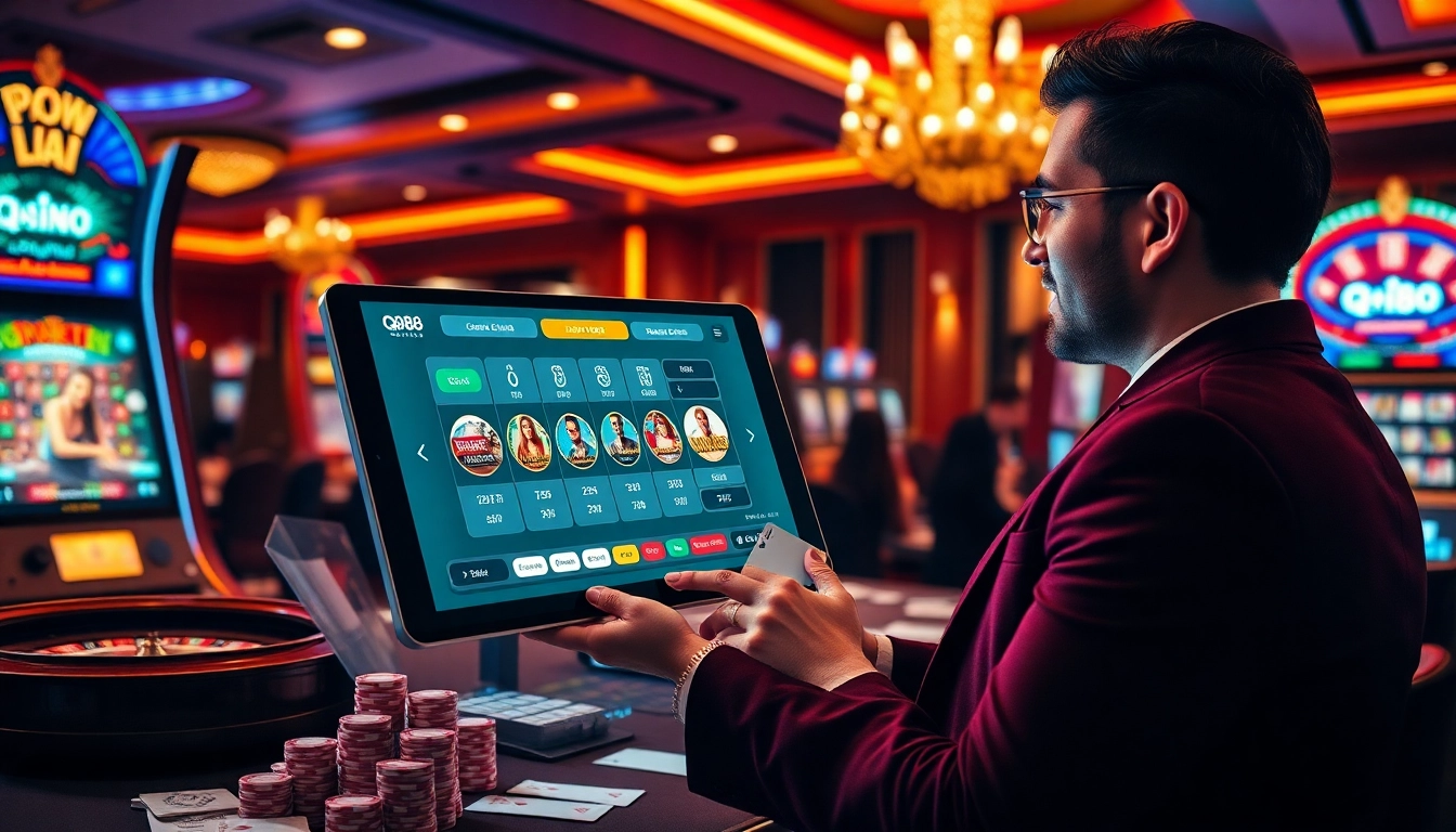 Engaging scene depicting the qh88 online casino experience with players at luxurious tables.