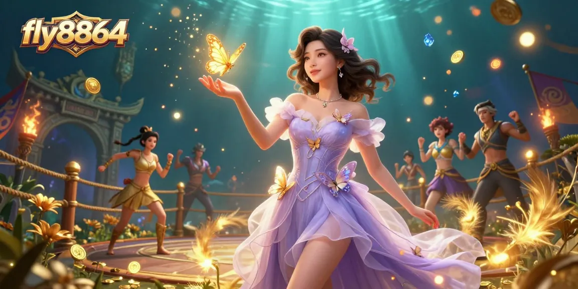 Experience the excitement of fly8864 with a stunning Asian woman among vibrant golden features and casino elements.