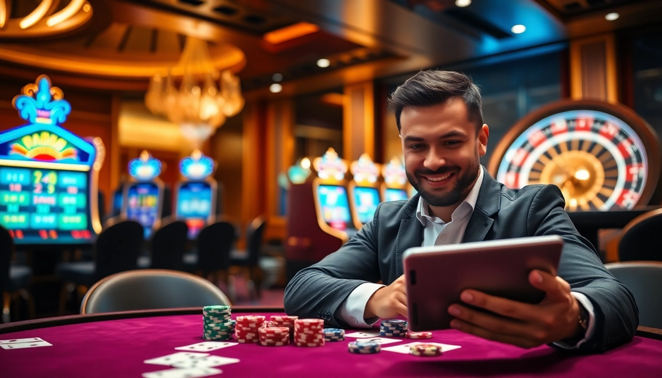 Engaged player at the RR99 casino poker table showcasing excitement and high-stakes action.