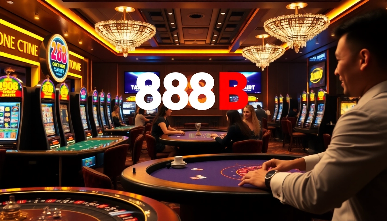 Exciting moment at the trang chủ 888b online casino, showcasing vibrant slot machines and engaged players.