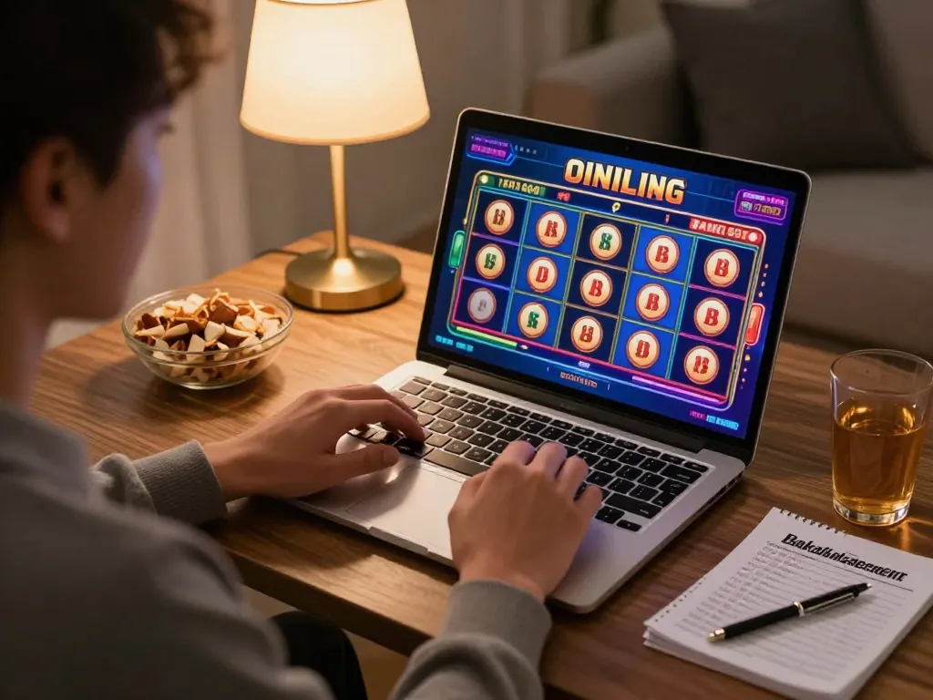 Online slots gaming on a laptop at home with strategic notes and cozy lighting, featuring dw8 experience