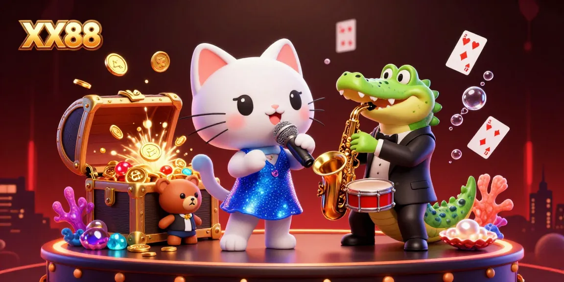 Join the excitement at XX88 with a vibrant casino scene featuring a singing cat, saxophonist crocodile, and drummer bear.