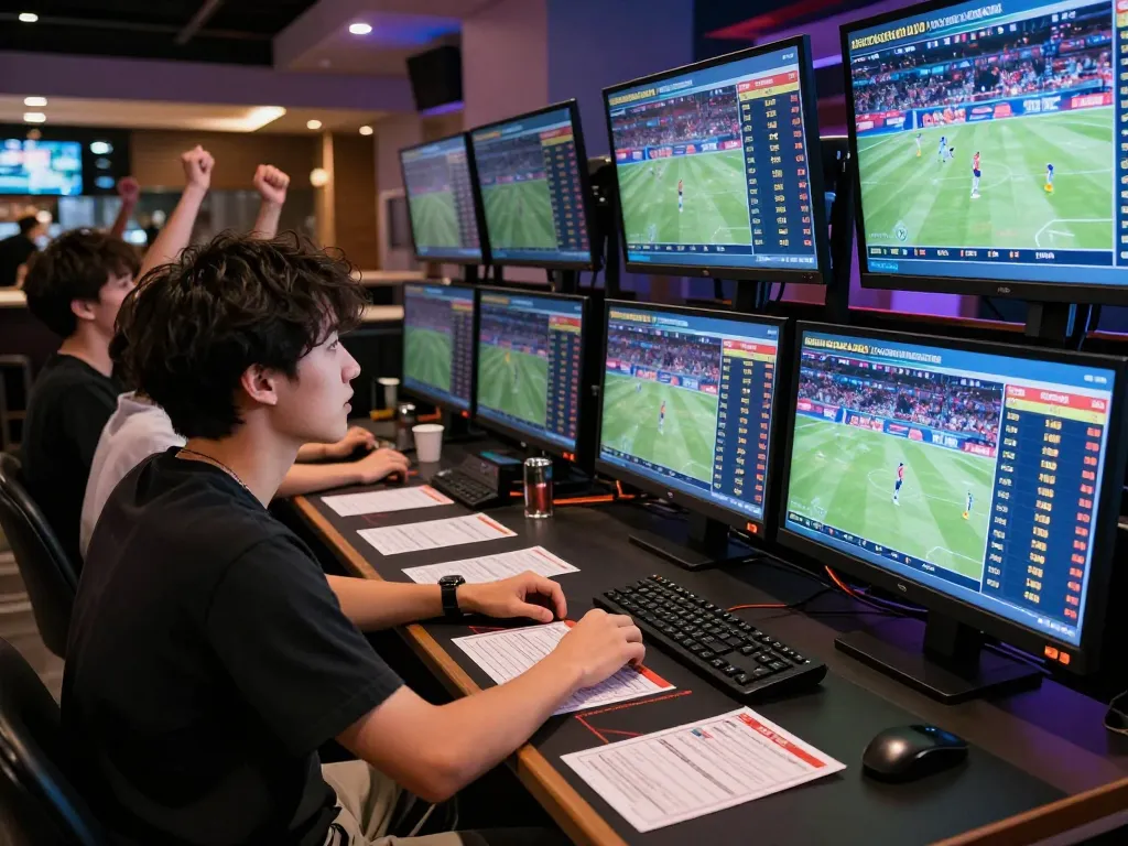 Dynamic sports betting scene showcasing tỷ lệ kèo nhà cái with bettors analyzing odds live.