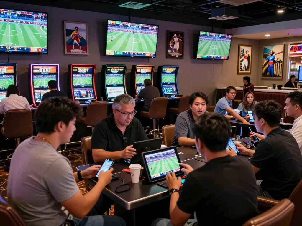 8LIVE bettors analyzing odds in a vibrant sports lounge atmosphere creating excitement