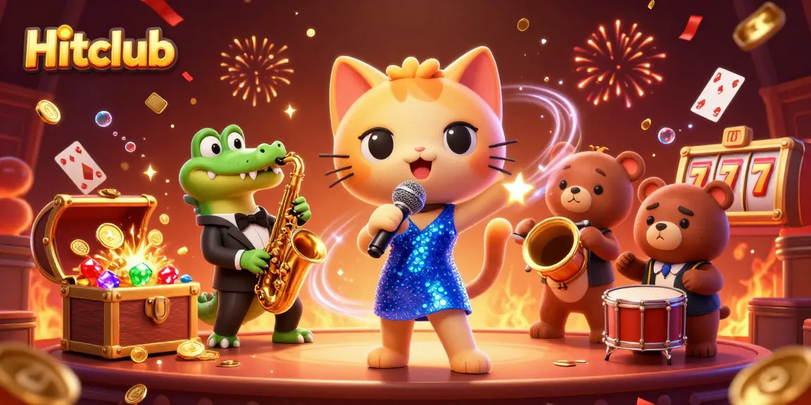 Hitclub features vibrant 3D characters celebrating on a casino stage with explosive treasures.