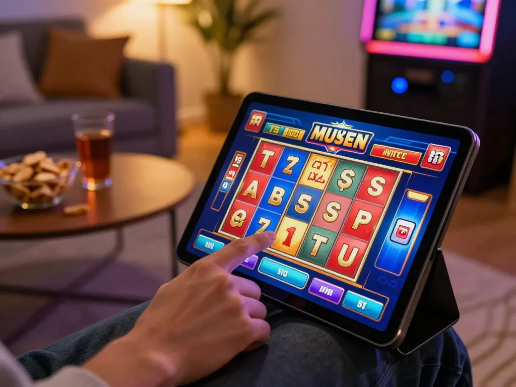 Engaging in Slot Malaysia gaming strategy with a vibrant tablet display in a cozy living room.