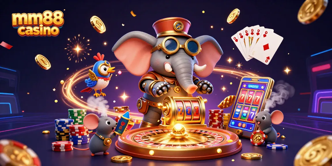 Experience the excitement of mm88 casino with an enchanting illustration of a steampunk elephant at a slot machine.