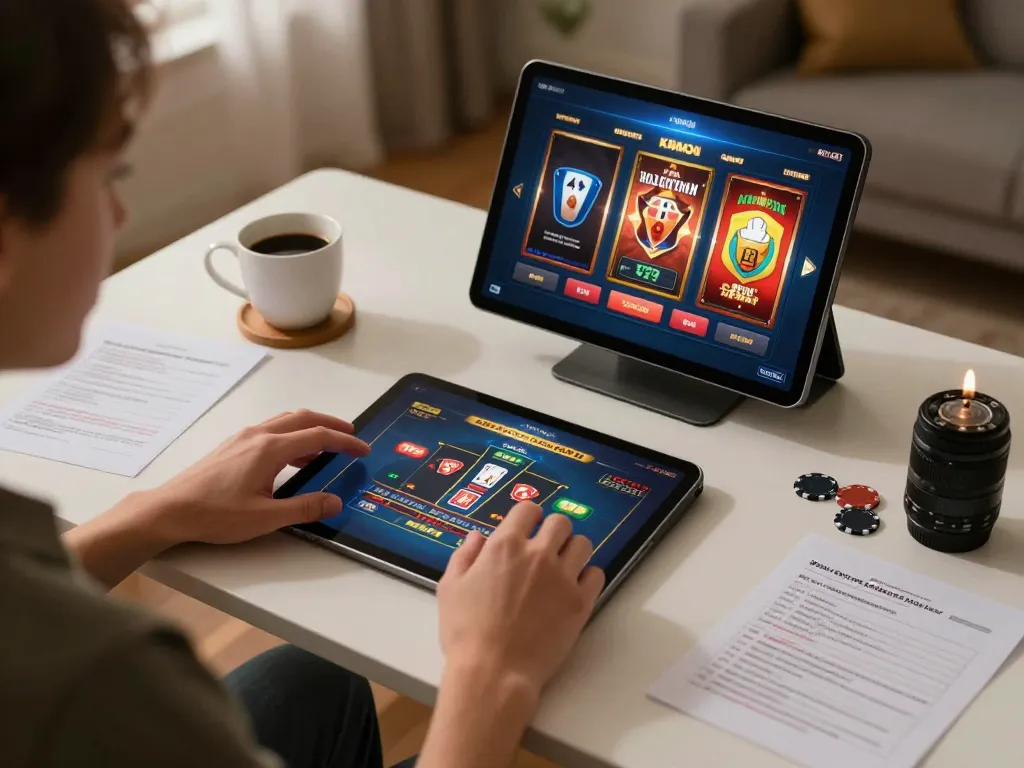 Player using tablet for strategic online gambling at home, addressing tg88 lừa đảo concerns.