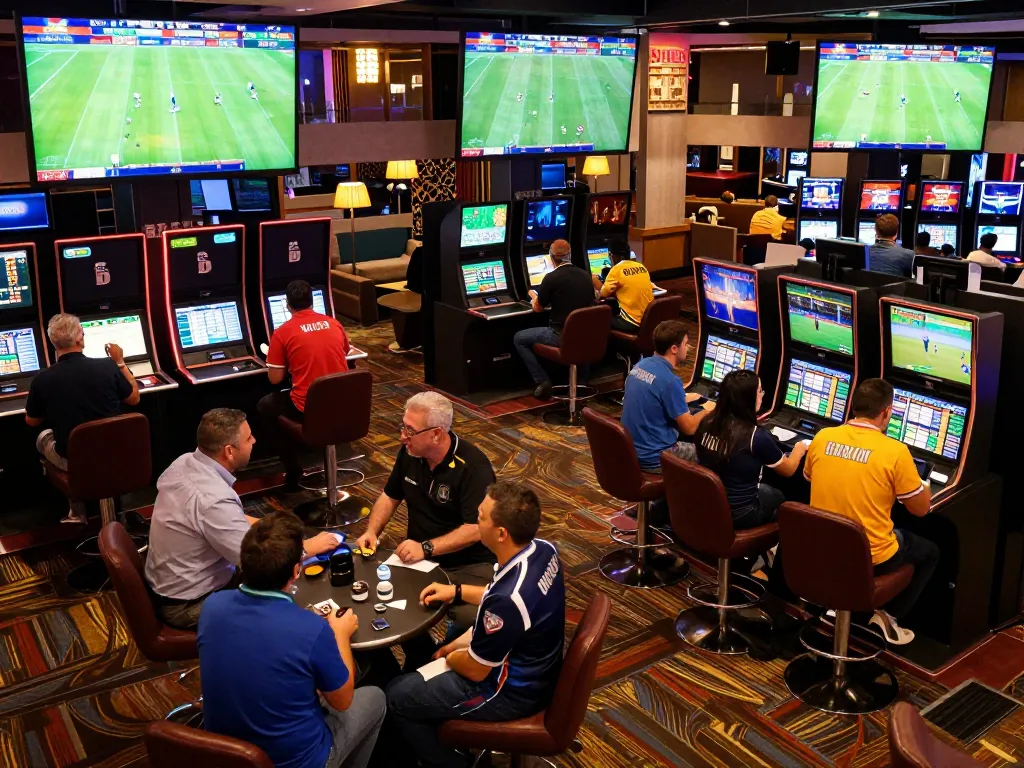 Engaged sports bettors analyzing odds and placing wagers at a casino while enjoying nhận định bóng đá insights.