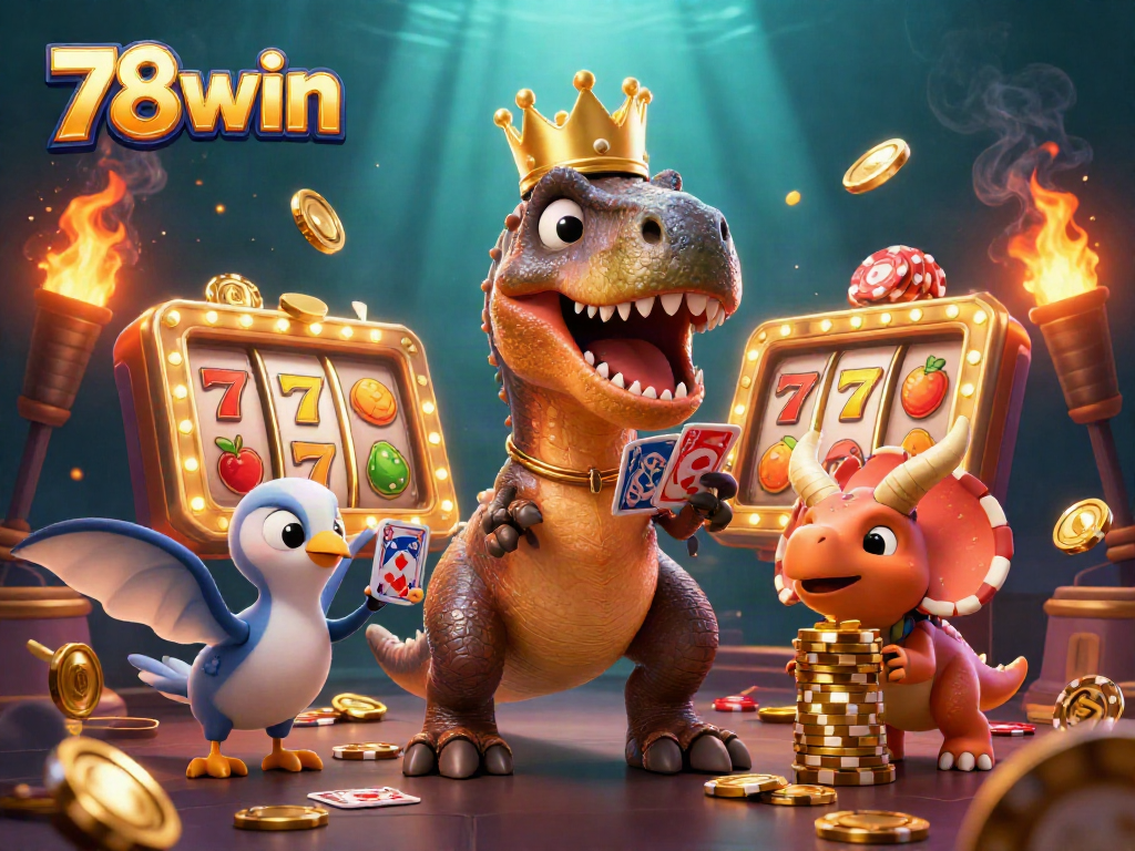 Experience the excitement of 78win with a T-Rex shuffling cards amongst vibrant casino visuals.