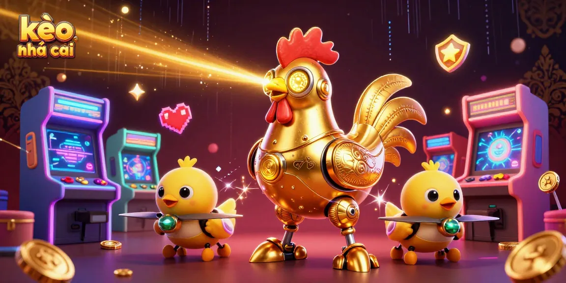 Bet on kèo nhà cái in a vibrant and energetic casino scene featuring a golden rooster robot.