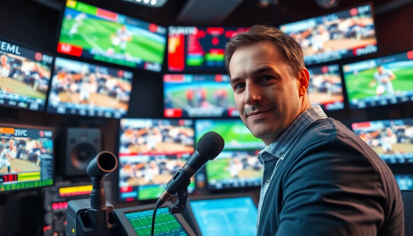 Engaged announcer in a professional sports broadcasting setup, delivering live commentary.