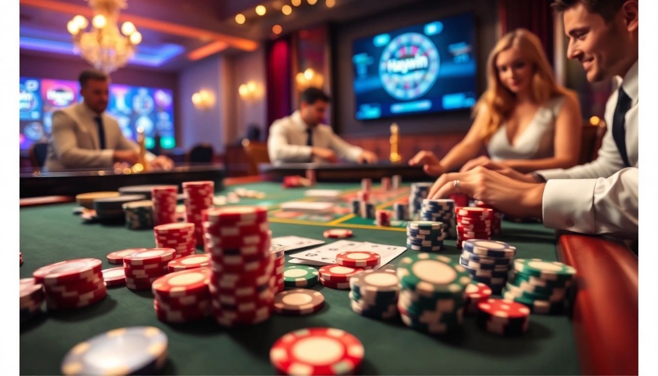 Experience vibrant gameplay at Haywin casino tables, with poker chips and engaging players in action.
