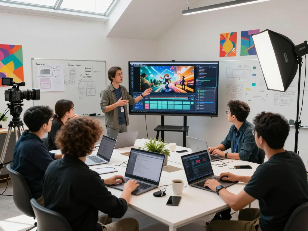Innovative team using Seedance AI for video production in a modern studio