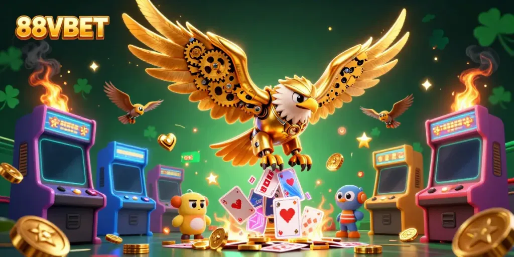 Engage with thrilling 88VBET casino games in an immersive golden eagle illustration.