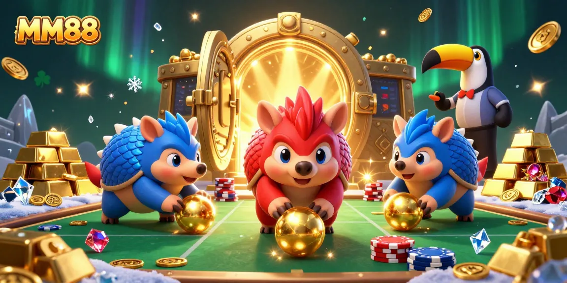 Engage with MM88 as rival pangolins bowl through poker chips, capturing the excitement of online gambling.